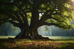 un vecchio quercia albero nel il mezzo di un' foresta. ai-generato foto