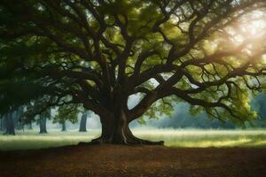 il sole brilla attraverso il le foglie di un' grande albero. ai-generato foto