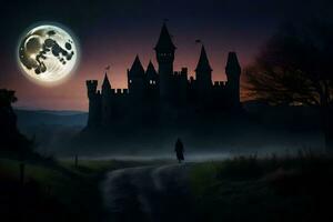 un' uomo passeggiate giù un' sentiero nel davanti di un' castello a notte. ai-generato foto