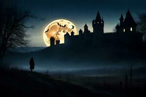 un' persona passeggiate attraverso un' buio foresta a notte con un' castello nel il sfondo. ai-generato foto