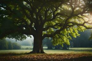 un' grande albero nel il mezzo di un' campo. ai-generato foto