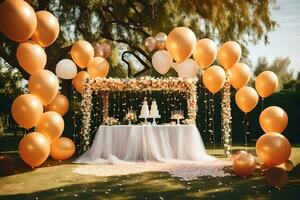 un' nozze tavolo coperto nel oro palloncini e bianca tulle. ai-generato foto