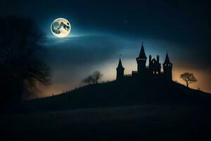 un' castello nel il notte con un' pieno Luna. ai-generato foto