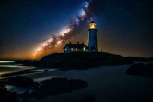 il latteo modo al di sopra di un' faro e rocce. ai-generato foto