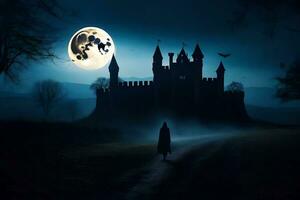 un' persona a piedi nel davanti di un' castello a notte. ai-generato foto