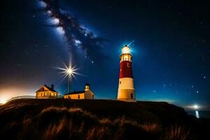 un' faro e un' stellato cielo sopra esso. ai-generato foto