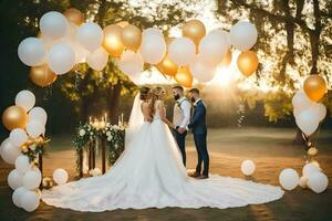 nozze coppia sotto un' d'oro Palloncino arco. ai-generato foto