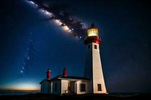 il latteo modo al di sopra di un' faro a notte. ai-generato foto