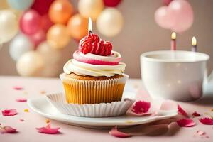 un' Cupcake con un' candela su superiore e un' tazza di caffè. ai-generato foto