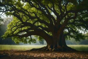 un' grande albero è mostrato nel il mezzo di un' campo. ai-generato foto