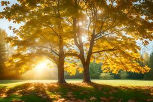 Due alberi nel il sole con le foglie cadente. ai-generato foto