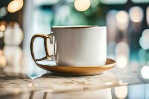 un' bianca caffè tazza seduta su un' piattino. ai-generato foto