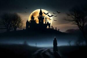 Halloween castello, strega, Luna, sinistro, Halloween, castello, santificare. ai-generato foto