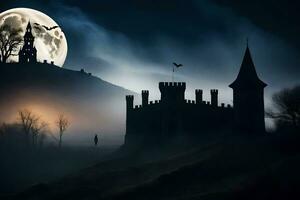 Halloween castello nel il notte con un' pieno Luna. ai-generato foto