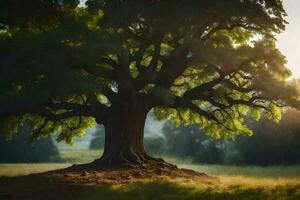 il sole brilla attraverso il le foglie di un quercia albero. ai-generato foto