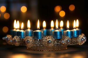 avvicinamento di un' meravigliosamente illuminato hanukkah menora. ai generato foto