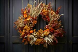 il principale davanti di legno porta. autunno decorazioni per ringraziamento. ai generato foto