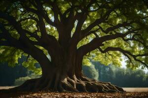 un' grande albero con radici nel il terra. ai-generato foto