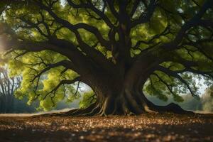 il sole brilla attraverso il le foglie di un vecchio quercia albero. ai-generato foto