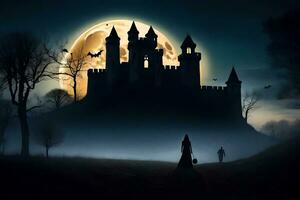 Halloween castello, strega, Luna, castello, Halloween, notte, castello, sala. ai-generato foto