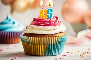 un' Cupcake con un' candela quello legge 45. ai-generato foto