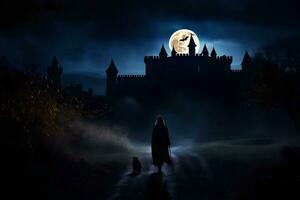 un' donna passeggiate sua cane nel davanti di un' castello a notte. ai-generato foto