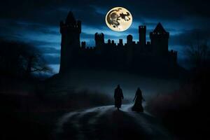 Due persone a piedi nel davanti di un' castello a notte. ai-generato foto