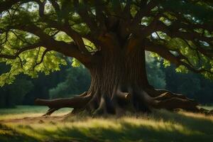 un vecchio quercia albero nel il mezzo di un' campo. ai-generato foto