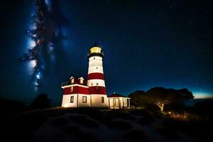 un' faro illuminato su di il latteo modo. ai-generato foto