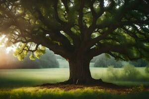 il sole brilla attraverso il le foglie di un quercia albero. ai-generato foto