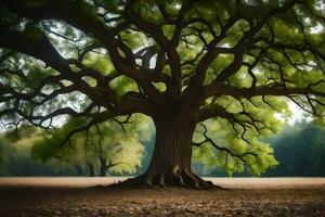 un' grande albero è mostrato nel il mezzo di un' campo. ai-generato foto