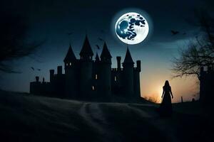 un' donna nel un' nero vestito sta nel davanti di un' castello a notte. ai-generato foto
