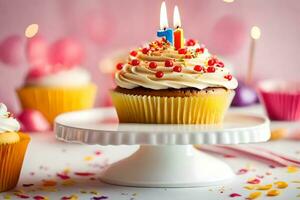 un' Cupcake con un' illuminato candela su superiore. ai-generato foto