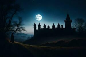 castello nel il notte con chiaro di luna. ai-generato foto