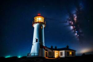 un' faro è illuminato su a notte con stelle nel il cielo. ai-generato foto