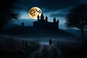 Halloween castello nel il buio con un' pieno Luna. ai-generato foto