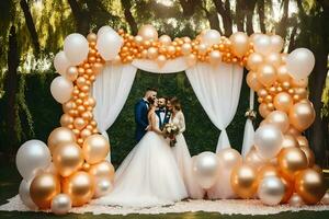 un' sposa e sposo siamo circondato di palloncini. ai-generato foto