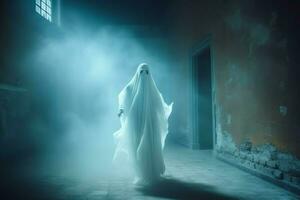 umano nel spaventoso fantasmi costume volante dentro il vecchio Casa a notte. spaventoso Halloween sfondo con fantasma. fantasma su Halloween celebrazione concetto di ai generato foto