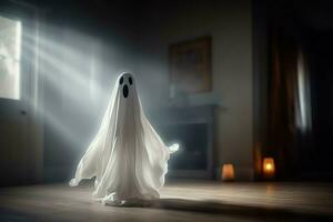 umano nel spaventoso fantasmi costume volante dentro il vecchio Casa a notte. spaventoso Halloween sfondo con fantasma. fantasma su Halloween celebrazione concetto di ai generato foto