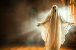 umano nel spaventoso fantasmi costume volante dentro il vecchio Casa a notte. spaventoso Halloween sfondo con fantasma. fantasma su Halloween celebrazione concetto di ai generato foto