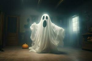 umano nel spaventoso fantasmi costume volante dentro il vecchio Casa a notte. spaventoso Halloween sfondo con fantasma. fantasma su Halloween celebrazione concetto di ai generato foto