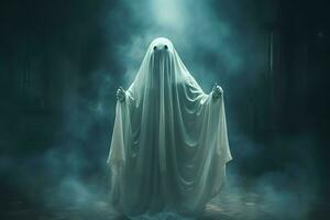 umano nel spaventoso fantasmi costume volante dentro il vecchio Casa a notte. spaventoso Halloween sfondo con fantasma. fantasma su Halloween celebrazione concetto di ai generato foto