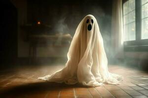 umano nel spaventoso fantasmi costume volante dentro il vecchio Casa a notte. spaventoso Halloween sfondo con fantasma. fantasma su Halloween celebrazione concetto di ai generato foto