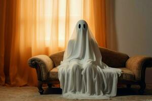 umano nel spaventoso fantasmi costume volante dentro il vecchio Casa a notte. spaventoso Halloween sfondo con fantasma. fantasma su Halloween celebrazione concetto di ai generato foto