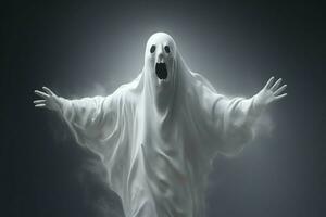 umano nel spaventoso fantasmi costume volante dentro il vecchio Casa a notte. spaventoso Halloween sfondo con fantasma. fantasma su Halloween celebrazione concetto di ai generato foto