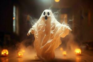 umano nel spaventoso fantasmi costume volante dentro il vecchio Casa a notte. spaventoso Halloween sfondo con fantasma. fantasma su Halloween celebrazione concetto di ai generato foto