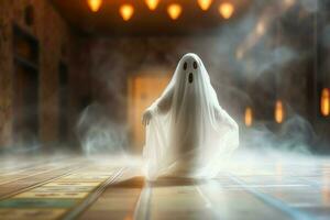 umano nel spaventoso fantasmi costume volante dentro il vecchio Casa a notte. spaventoso Halloween sfondo con fantasma. fantasma su Halloween celebrazione concetto di ai generato foto