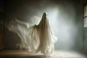 umano nel spaventoso fantasmi costume volante dentro il vecchio Casa a notte. spaventoso Halloween sfondo con fantasma. fantasma su Halloween celebrazione concetto di ai generato foto