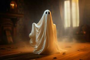 umano nel spaventoso fantasmi costume volante dentro il vecchio Casa a notte. spaventoso Halloween sfondo con fantasma. fantasma su Halloween celebrazione concetto di ai generato foto