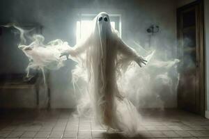 umano nel spaventoso fantasmi costume volante dentro il vecchio Casa a notte. spaventoso Halloween sfondo con fantasma. fantasma su Halloween celebrazione concetto di ai generato foto